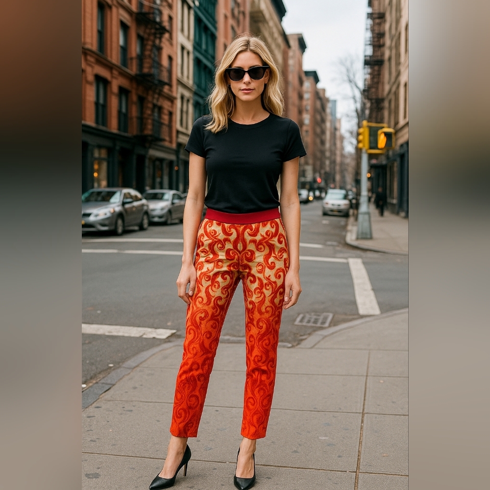 True Royal Ombre Brocade Pants Red Orange Flame Print Pants - Picture 3 of 13
